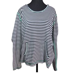 Eddie Bauer Navy and White Striped Sweatshirt with Green Accents Size XXL